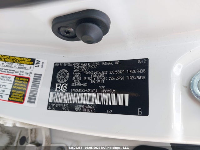 12602254 :رقم المزاد ، 5TDDBRCH2MS051603 vin ، 2021 Toyota Highlander مزاد بيع