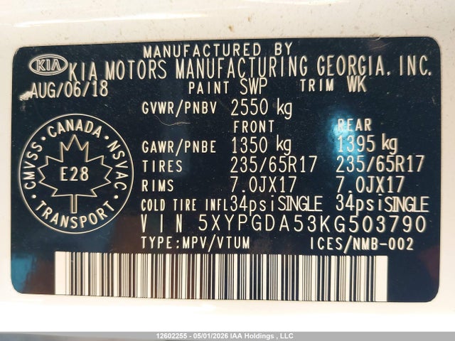 5XYPGDA53KG503790 KIA Sorento 2.4l Lx/3.3l Lx