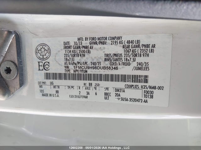 Продажа на аукционе авто 2013 Ford Escape Sel, vin: 1FMCU9H98DUB58346, номер лота: 12602258