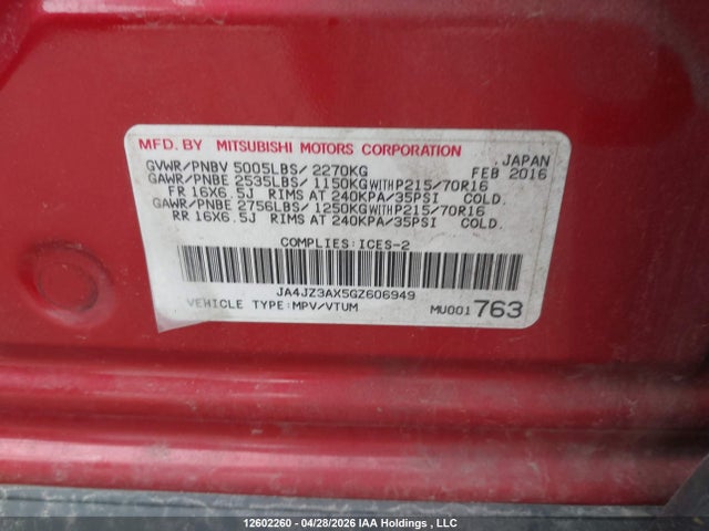 JA4JZ3AX5GZ606949 Mitsubishi Outlander Se