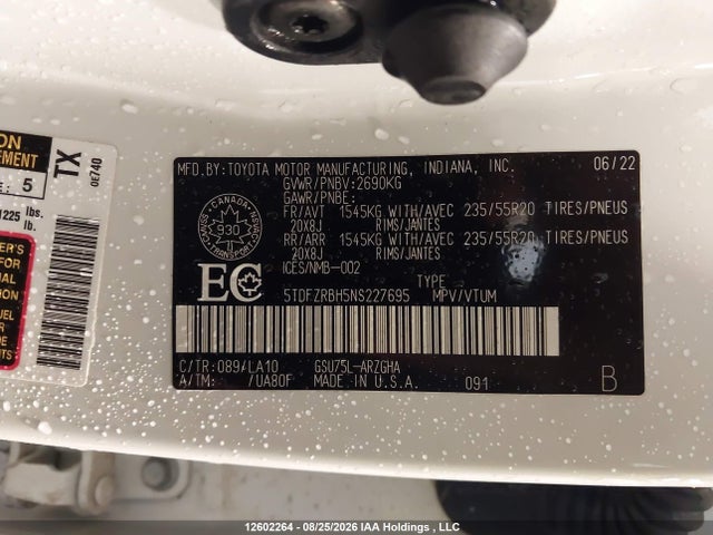 12602264 :رقم المزاد ، 5TDFZRBH5NS227695 vin ، 2022 Toyota Highlander Limited مزاد بيع