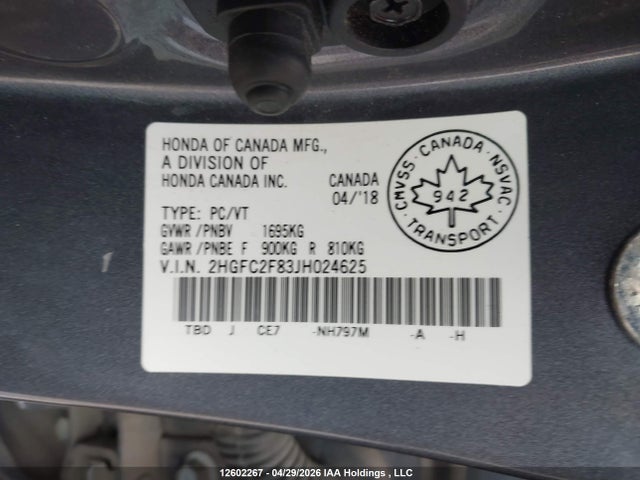 Aukcja sprzedaży 2018 Honda Civic Ex 4dr, vin: 2HGFC2F83JH024625, numer aukcji: 12602267