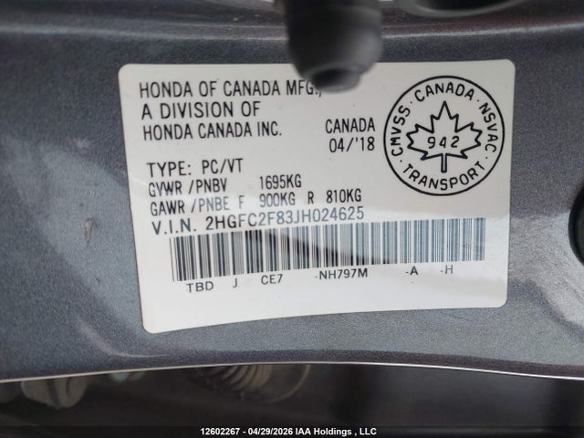 Aukcja sprzedaży 2018 Honda Civic Ex 4dr, vin: 2HGFC2F83JH024625, numer aukcji: 12602267