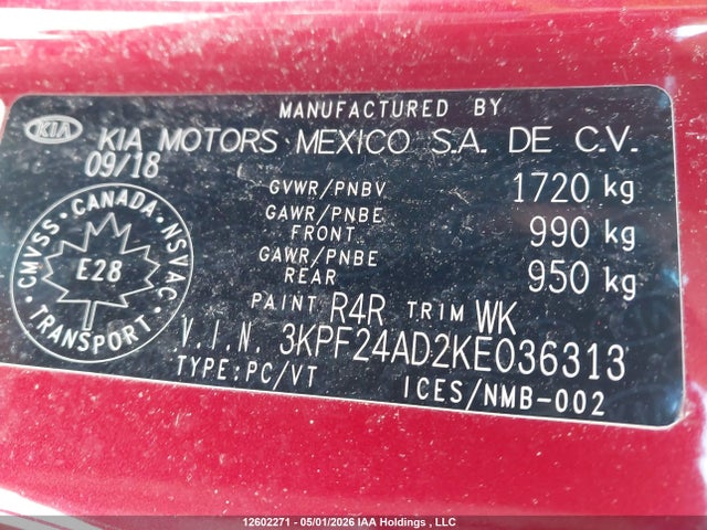 Продажа на аукционе авто 2019 Kia Forte Fe/lx/lxs, vin: 3KPF24AD2KE036313, номер лота: 12602271