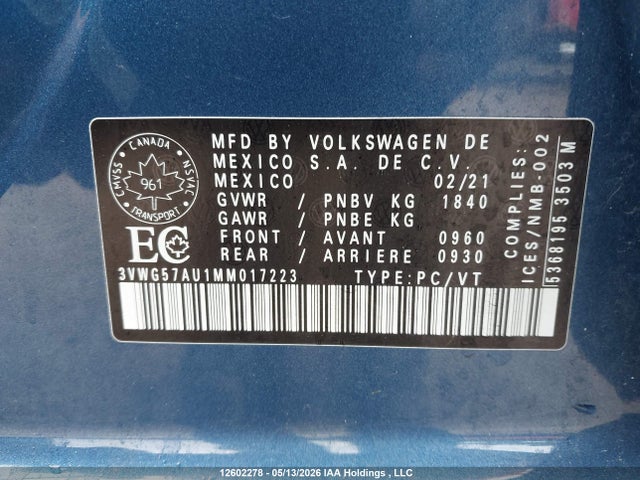 Продаж на аукціоні авто 2021 Volkswagen Golf Comfortline/highline, vin: 3VWG57AU1MM017223, номер лоту: 12602278