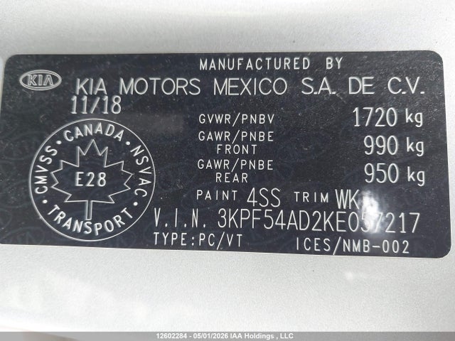 12602284 :رقم المزاد ، 3KPF54AD2KE057217 vin ، 2019 Kia Forte Ex/ex Limited/ex Premium/ex+ مزاد بيع