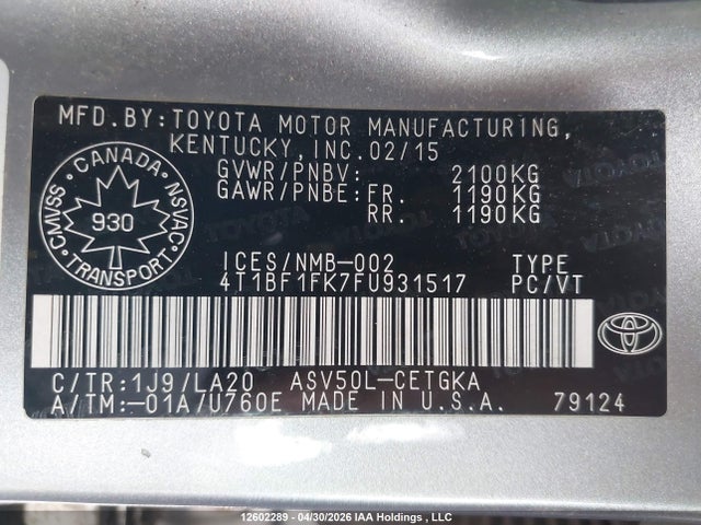 12602289 :رقم المزاد ، 4T1BF1FK7FU931517 vin ، 2015 Toyota Camry Le/xle/se/xse مزاد بيع
