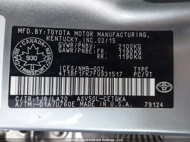 12602289 :رقم المزاد ، 4T1BF1FK7FU931517 vin ، 2015 Toyota Camry Le/xle/se/xse مزاد بيع