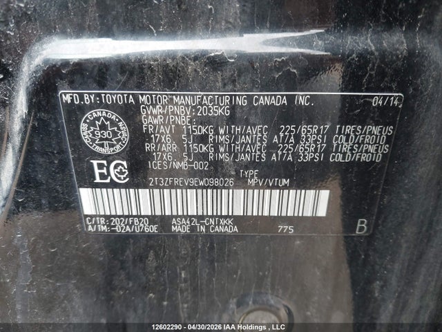 12602290 :رقم المزاد ، 2T3ZFREV9EW098026 vin ، 2014 Toyota Rav4 Le مزاد بيع