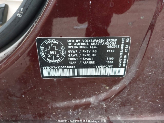 12602291 :رقم المزاد ، 1VWCN7A32DC020820 vin ، 2013 Volkswagen Passat Sel مزاد بيع