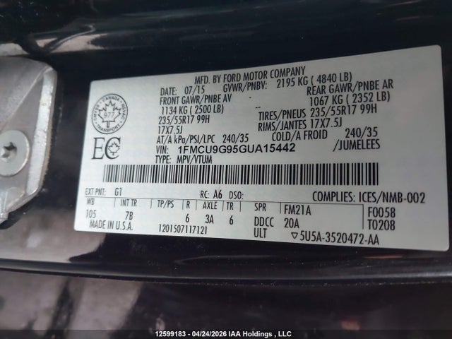 12599183 :رقم المزاد ، 1FMCU9G95GUA15442 vin ، 2016 Ford Escape Se مزاد بيع