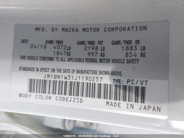 Aukcja sprzedaży 2018 Mazda Mazda3 Gt, vin: JM1BN1W31J1190257, numer aukcji: 12602310