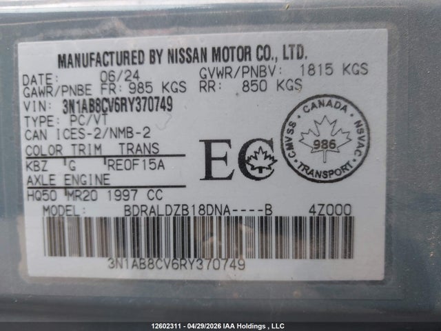 Продажа на аукционе авто 2024 Nissan Sentra Sv, vin: 3N1AB8CV6RY370749, номер лота: 12602311