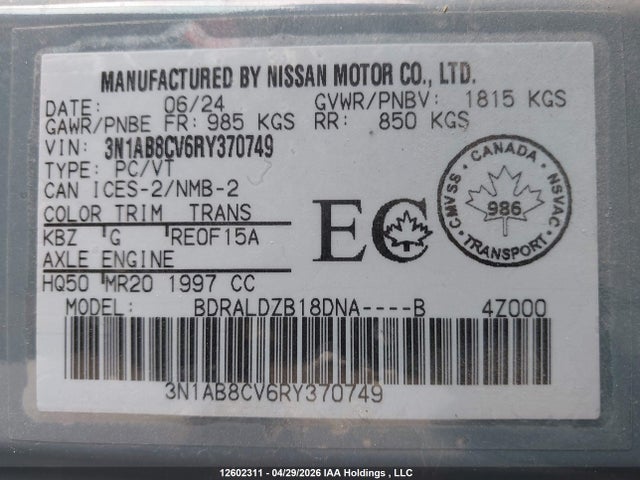 Продажа на аукционе авто 2024 Nissan Sentra Sv, vin: 3N1AB8CV6RY370749, номер лота: 12602311