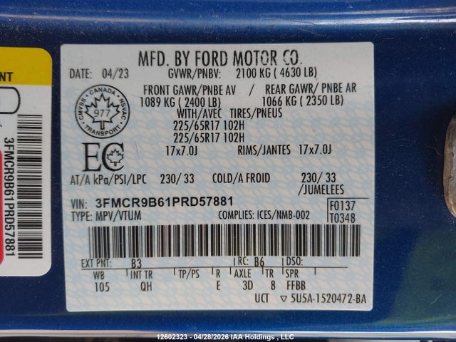Продаж на аукціоні авто 2023 Ford Bronco Sport Big Bend, vin: 3FMCR9B61PRD57881, номер лоту: 12602323