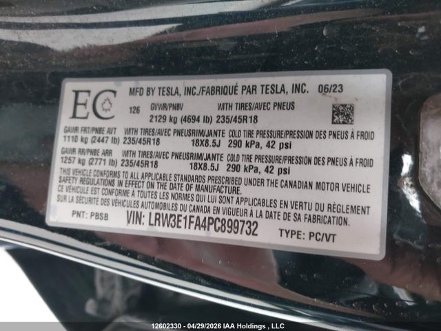 12602330 :رقم المزاد ، LRW3E1FA4PC899732 vin ، 2023 Tesla Model 3 Rwd مزاد بيع