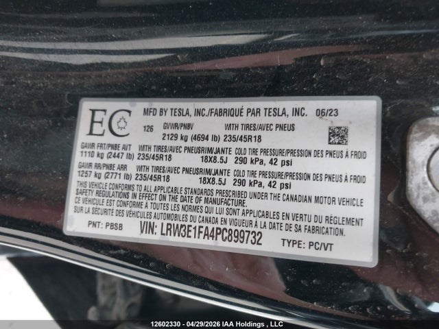 12602330 :رقم المزاد ، LRW3E1FA4PC899732 vin ، 2023 Tesla Model 3 Rwd مزاد بيع
