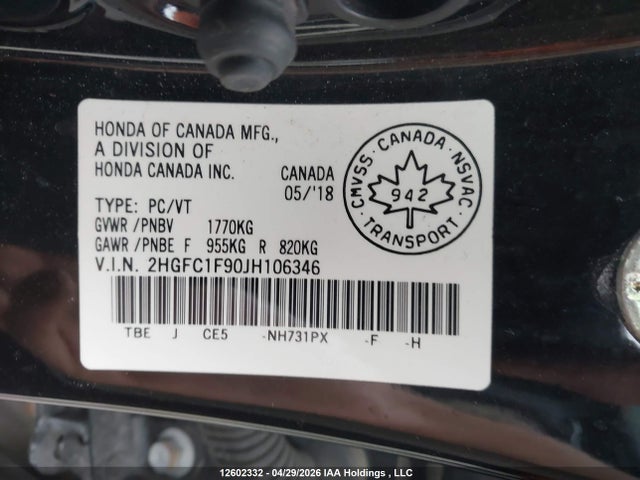 2HGFC1F90JH106346 Honda Civic Touring