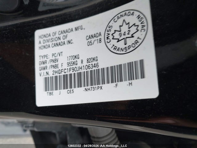 2HGFC1F90JH106346 Honda Civic Touring