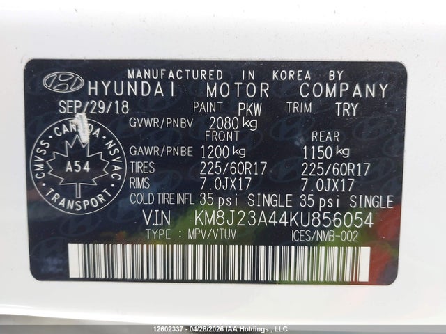 KM8J23A44KU856054 Hyundai Tucson Essential W/safety Package