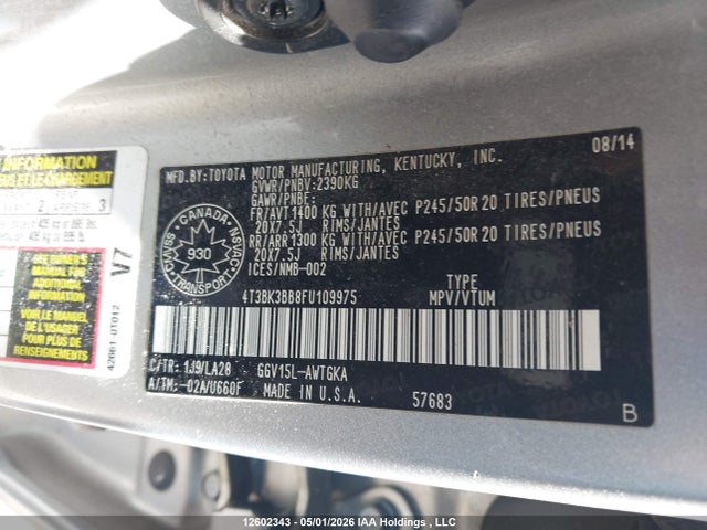 2015 Toyota Venza Base V6 მანქანა იყიდება აუქციონზე, vin: 4T3BK3BB8FU109975, აუქციონის ნომერი: 12602343