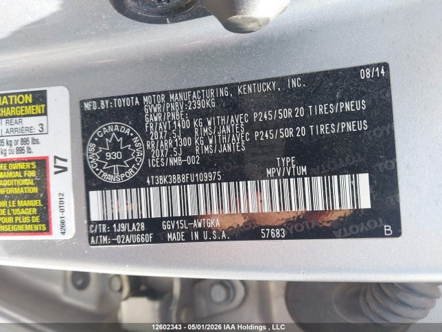 2015 Toyota Venza Base V6 მანქანა იყიდება აუქციონზე, vin: 4T3BK3BB8FU109975, აუქციონის ნომერი: 12602343