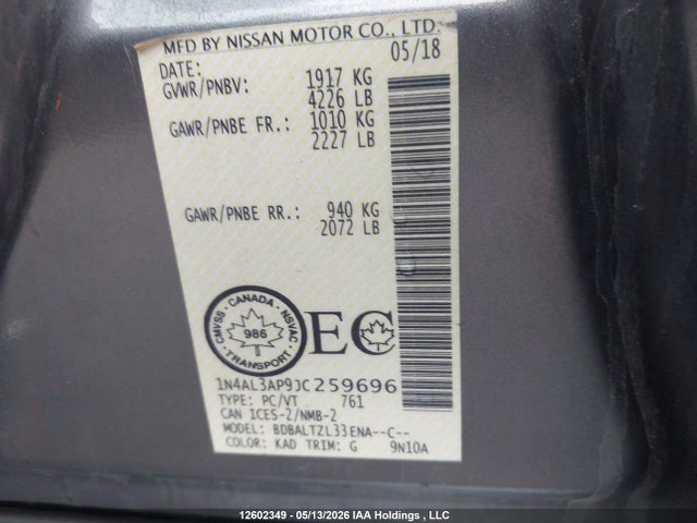 1N4AL3AP9JC259696 Nissan Altima 2.5/s/sv/sl/sr