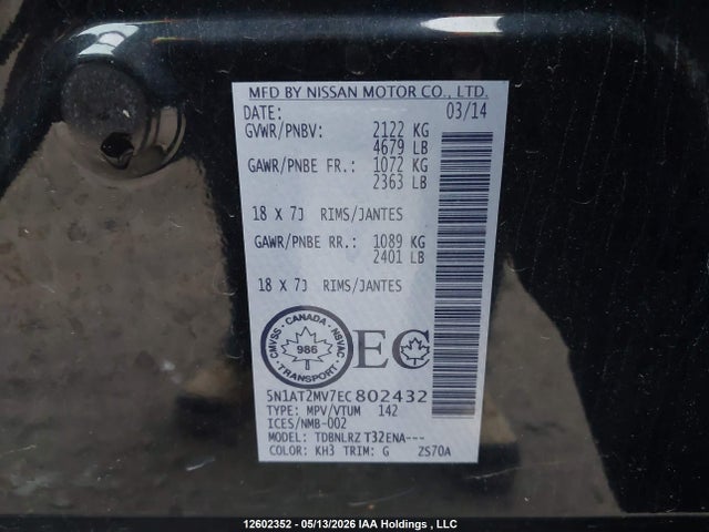 12602352 :رقم المزاد ، 5N1AT2MV7EC802432 vin ، 2014 Nissan Rogue S/sl/sv مزاد بيع