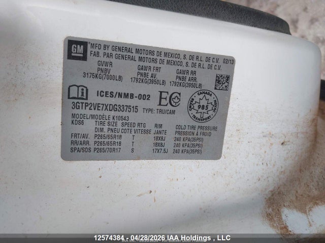 12574384 :رقم المزاد ، 3GTP2VE7XDG337515 vin ، 2013 Gmc Sierra 1500 Sle مزاد بيع
