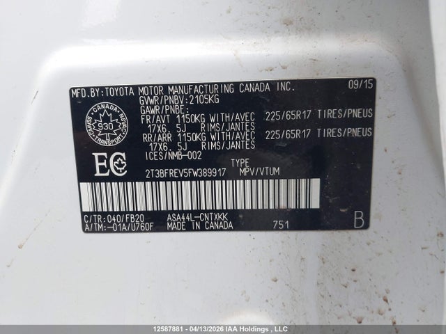 2015 Toyota Rav4 Le მანქანა იყიდება აუქციონზე, vin: 2T3BFREV5FW389917, აუქციონის ნომერი: 12587881