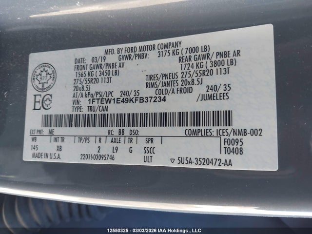 2019 Ford F-150 Xlt მანქანა იყიდება აუქციონზე, vin: 1FTEW1E49KFB37234, აუქციონის ნომერი: 12550325