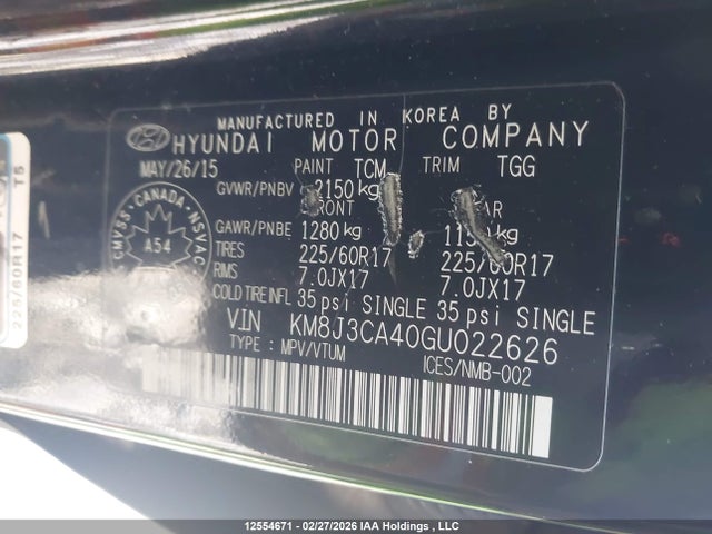 2016 Hyundai Tucson Luxury მანქანა იყიდება აუქციონზე, vin: KM8J3CA40GU022626, აუქციონის ნომერი: 12554671