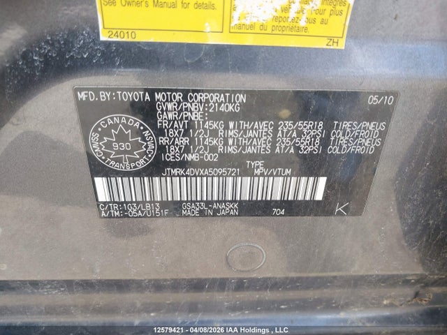 2010 Toyota Rav4 Sport V6 მანქანა იყიდება აუქციონზე, vin: JTMRK4DVXA5095721, აუქციონის ნომერი: 12579421