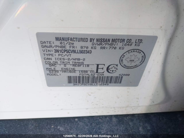 3N1CP5CV9LL502349 Nissan KICKS SV