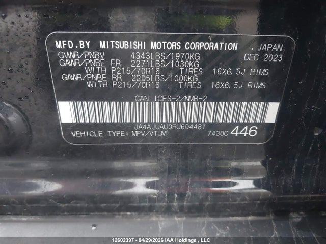 Продажа на аукционе авто 2024 Mitsubishi Rvr Es, vin: JA4AJUAU0RU604481, номер лота: 12602397