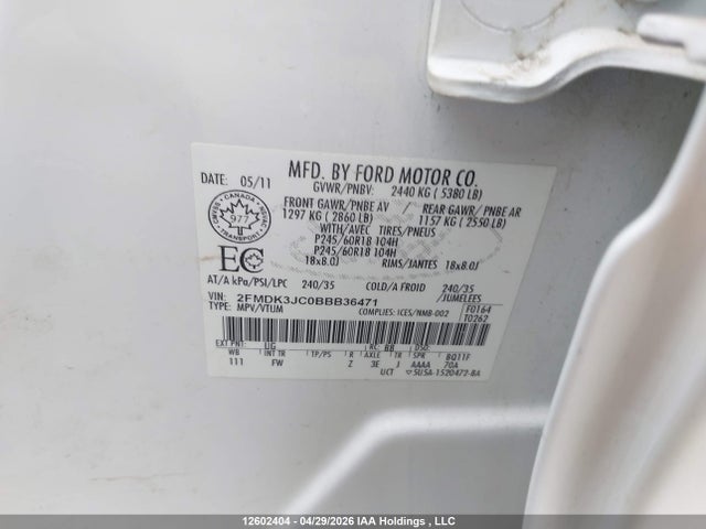 Продаж на аукціоні авто 2011 Ford Edge, vin: 2FMDK3JC0BBB36471, номер лоту: 12602404