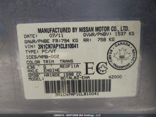 2012 Nissan Versa 1.6 Sv მანქანა იყიდება აუქციონზე, vin: 3N1CN7AP1CL810041, აუქციონის ნომერი: 12602413