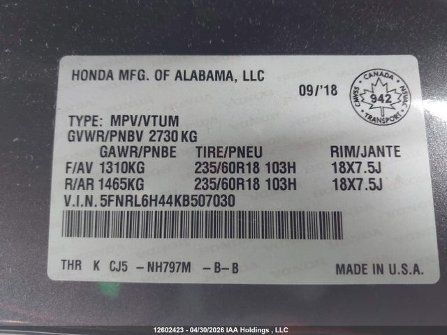 12602423 :رقم المزاد ، 5FNRL6H44KB507030 vin ، 2019 Honda Odyssey مزاد بيع