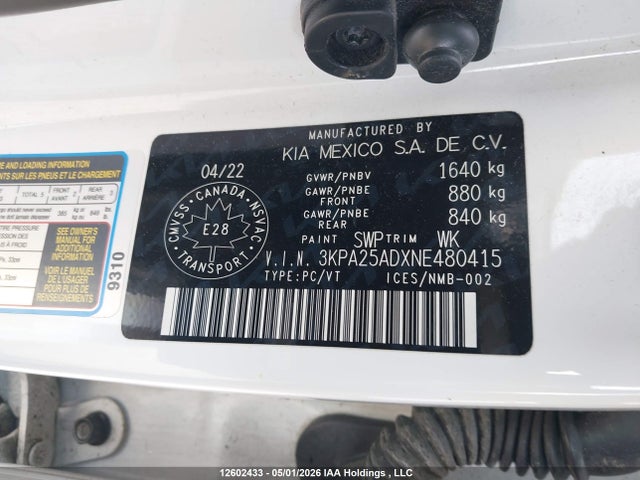 3KPA25ADXNE480415 KIA RIO 5-DOOR