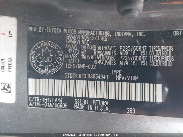 2011 Toyota Sienna V6 7 Passenger მანქანა იყიდება აუქციონზე, vin: 5TDZK3DC6BS064941, აუქციონის ნომერი: 12602434