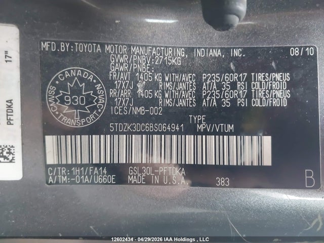 2011 Toyota Sienna V6 7 Passenger მანქანა იყიდება აუქციონზე, vin: 5TDZK3DC6BS064941, აუქციონის ნომერი: 12602434