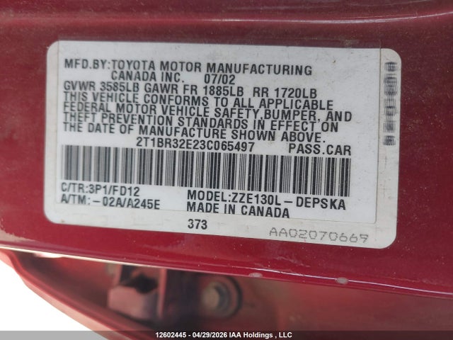 12602445 :رقم المزاد ، 2T1BR32E23C065497 vin ، 2003 Toyota Corolla مزاد بيع