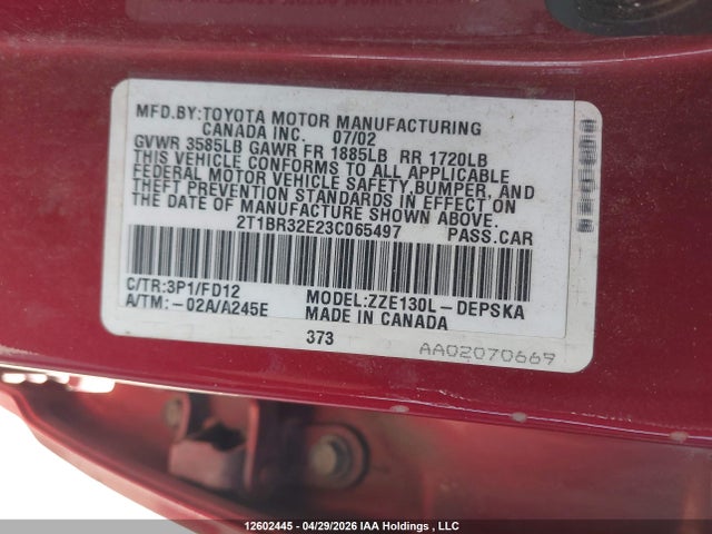 12602445 :رقم المزاد ، 2T1BR32E23C065497 vin ، 2003 Toyota Corolla مزاد بيع