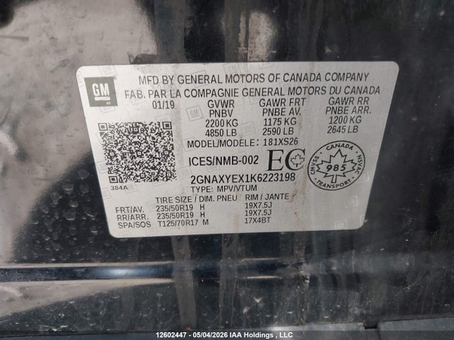 12602447 :رقم المزاد ، 2GNAXYEX1K6223198 vin ، 2019 Chevrolet Equinox Premier مزاد بيع