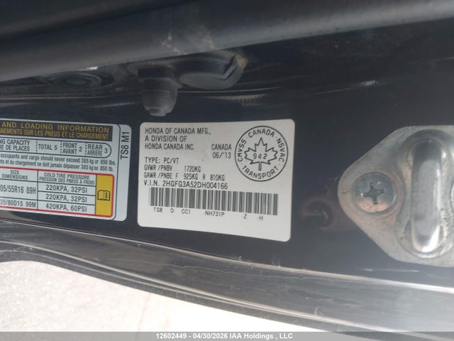 12602449 :رقم المزاد ، 2HGFG3A52DH004166 vin ، 2013 Honda Civic Lx مزاد بيع