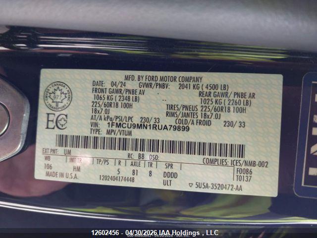 12602456 :رقم المزاد ، 1FMCU9MN1RUA79899 vin ، 2024 Ford Ford مزاد بيع