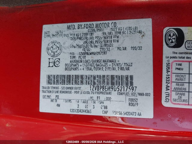 Продаж на аукціоні авто 2013 Ford Mustang, vin: 1ZVBP8EM9D5217597, номер лоту: 12602469