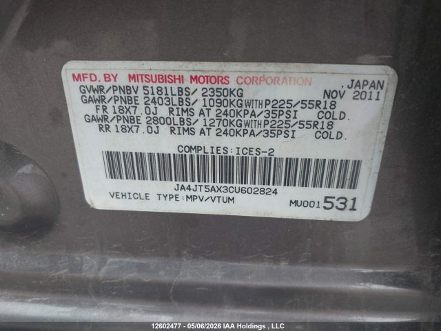 Aukcja sprzedaży 2012 Mitsubishi Outlander Gt, vin: JA4JT5AX3CU602824, numer aukcji: 12602477