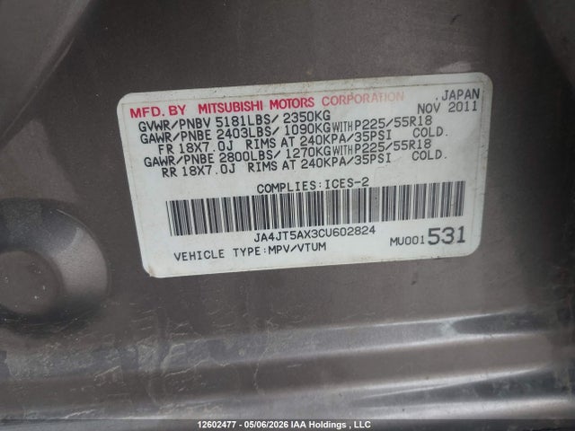 Aukcja sprzedaży 2012 Mitsubishi Outlander Gt, vin: JA4JT5AX3CU602824, numer aukcji: 12602477