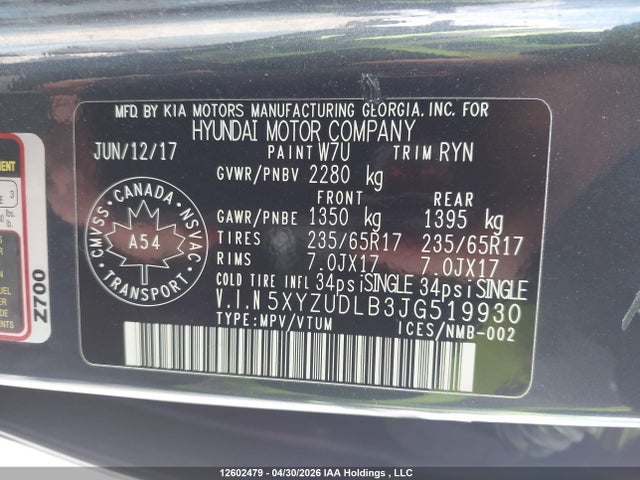 12602479 :رقم المزاد ، 5XYZUDLB3JG519930 vin ، 2018 Hyundai Santa Fe Sport مزاد بيع